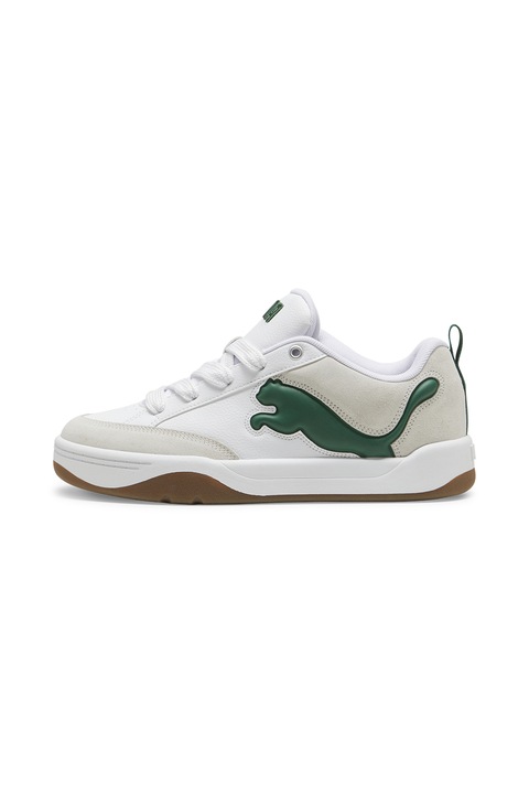 Puma, Pantofi sport cu detalii din piele Park Lifestyle, Alb murdar/Grej/Verde feriga