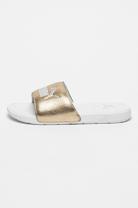 Puma, Papuci din piele cu logo Cool Cat 2.0, Alb/Auriu, 40.5