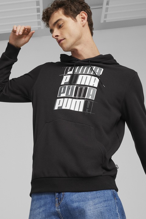 Puma, ESS+ kapucnis pulóver kenguruzsebbel és logómintával, Fekete