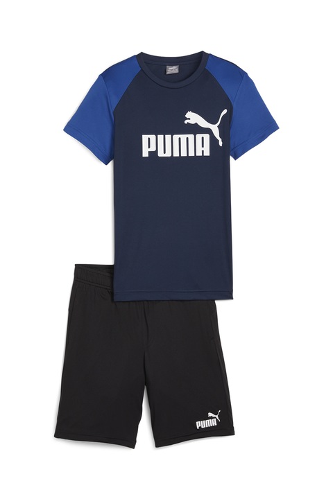 Puma, Set de tricou si pantaloni scurti cu imprimeu logo - 2 piese, Albastru royal/Negru