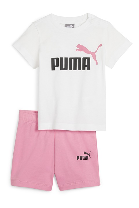 Puma, Set de tricou si pantaloni scurti din bumbac Minicats, Alb/Roz
