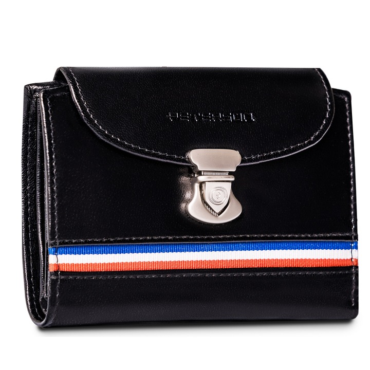 Portofel femei, Peterson, model delicat, piele naturala, Protectie RFID, 11x12.5 cm, Negru