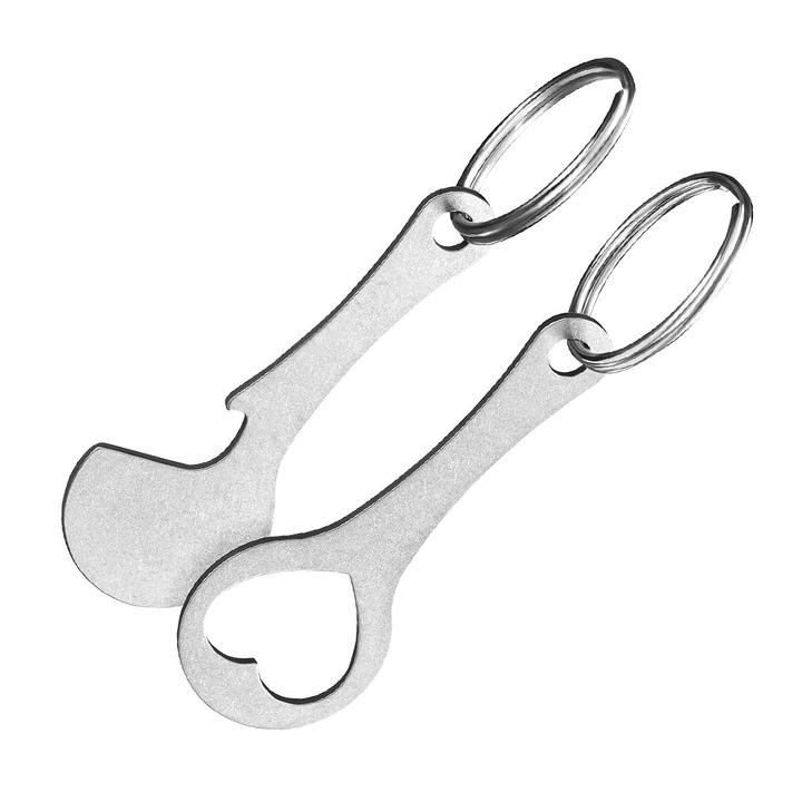 Set 2 brelocuri cu functie deblocare carucior supermarket si desfacator, Yefound®, desfacator de capace, otel inoxidabil, Argintiu
