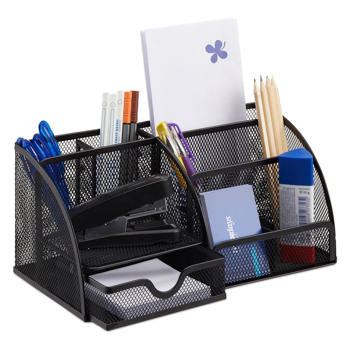 Organizator metalic pentru birou, 6 compartimente, sertar, negru, 12,5 x 27,5 x 14 cm