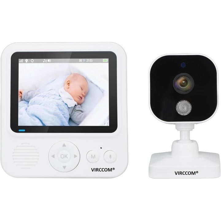 Baba Video Monitor 720P, VIRCCOM, Hőmérséklet érzékelő, Éjszakai látás, Vox mód, Kétirányú, 2,8 hüvelykes képernyő