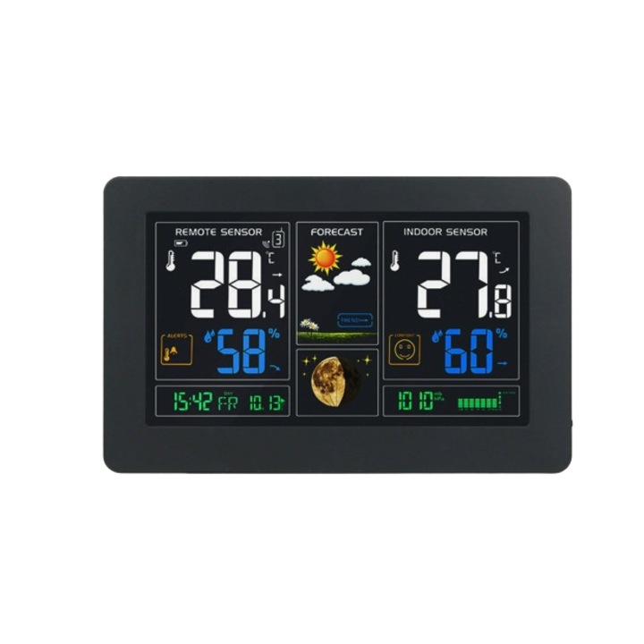 Statie Meteo Wireless FanJu FJ3378, Termometru, Afisaj Color Touchscreen, Barometru Digital, Ceas Alarma, Monitorizare a Temperaturii si Umiditatii cu Senzor Remote, Negru