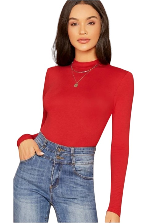 Bluza dama, StarFashion, maneca lunga, tip maleta, cu guler pe gat, material fin, Rosu