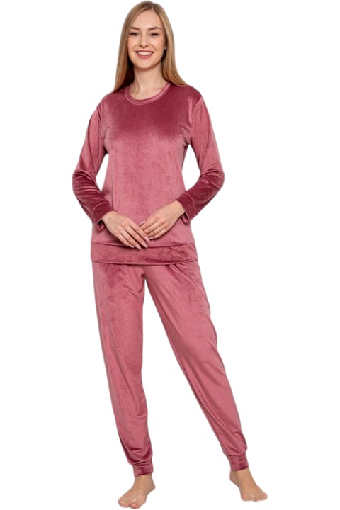 Pijama dama catifea, StarFashion, bluza cu maneca lunga si pantaloni lungi, roz pudrat, Roz pudrat