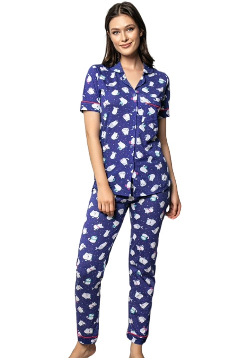 Pijama Dama Uramag, 100% Bumbac, 2 piese, Albastru