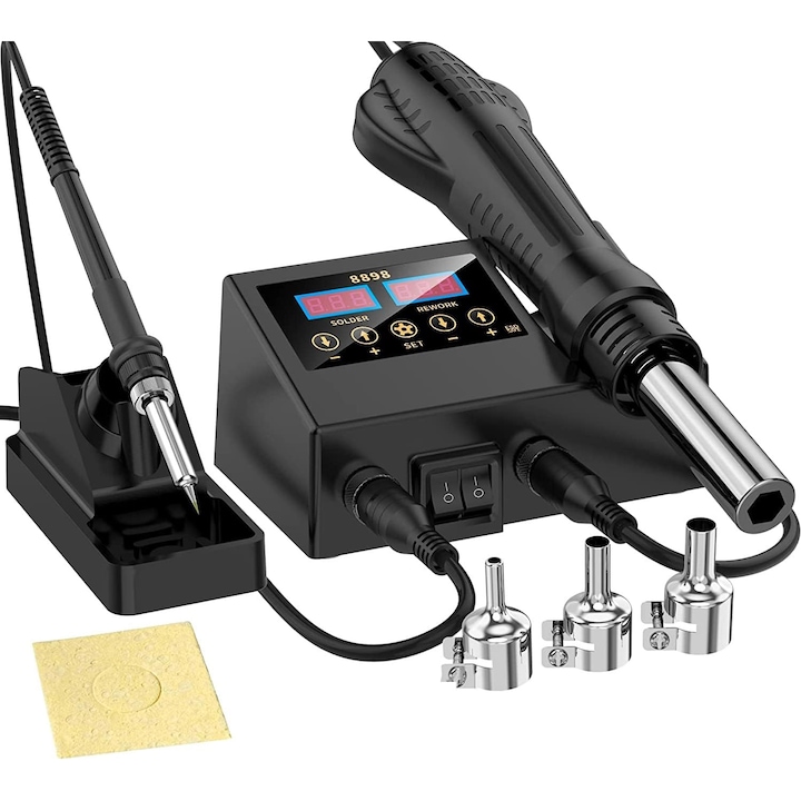 2в1 поялник с горещ въздух и преработвателна станция, запояване на цифров дисплей, 600 W, 220 V, 120 l/min, 100°C-500°C, черен