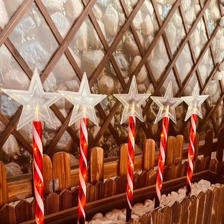 Set 5 decoratiuni exterioare luminoase pentru Craciun, stele, incarcare solara, 40 cm