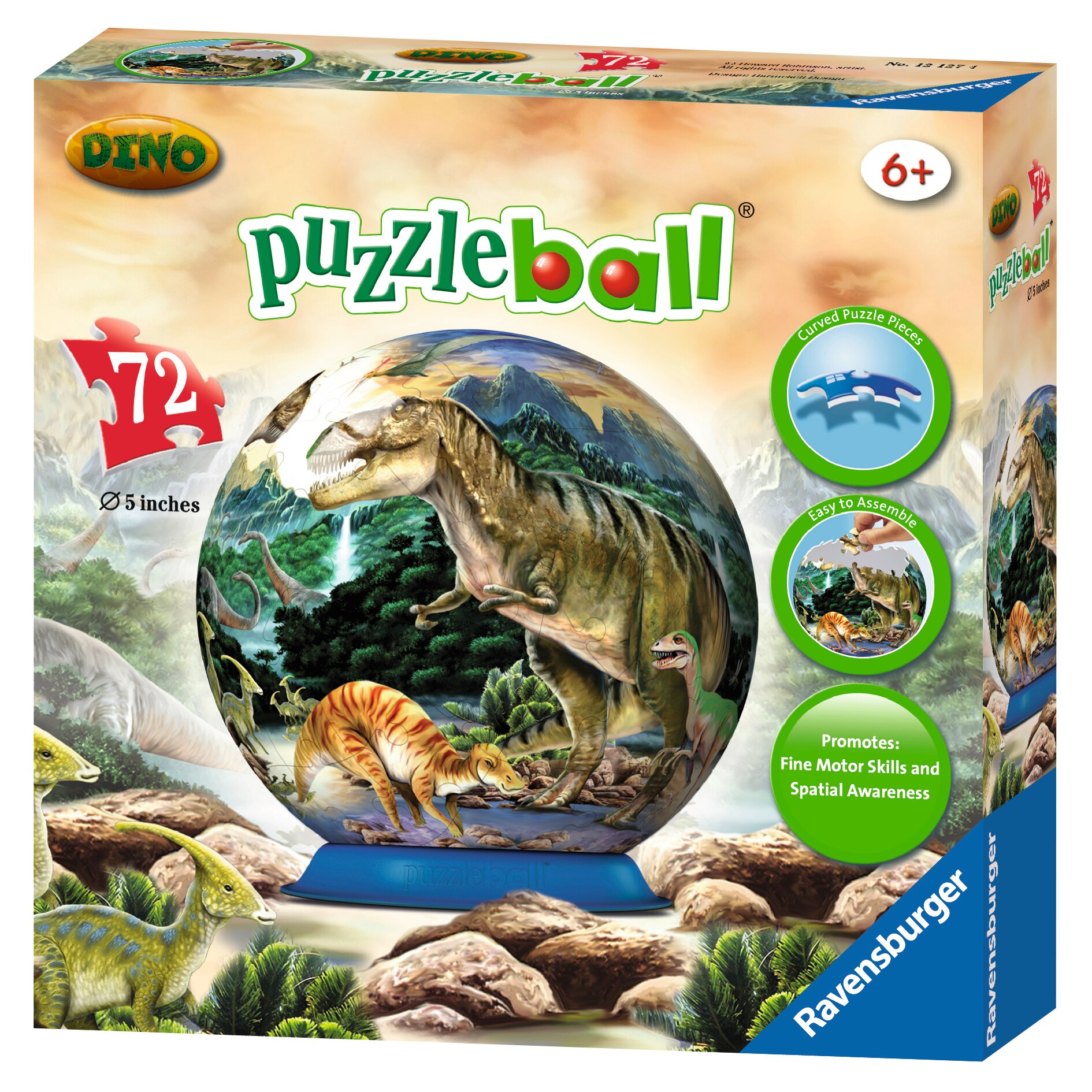 Dino Puzzleball Dinosaur Puzzle 72 Pieces 5 Puzzle Ball Ravensburger -New