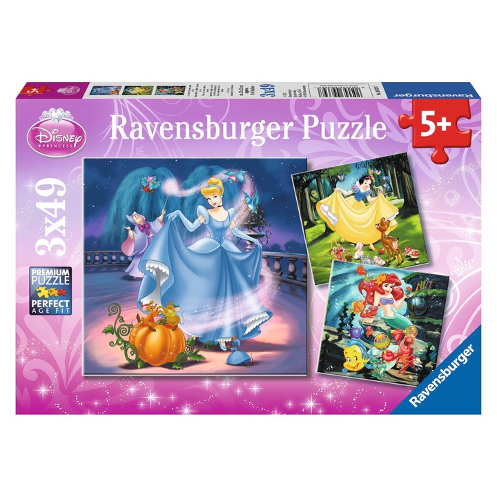 Пъзел Ravensburger - Дисни принцеси, Снежанка, Пепеляшка и Ариел, 3 в 1, 3х49 части