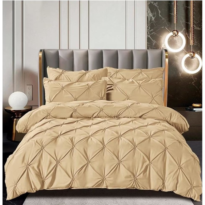 Set Lenjerie de pat, 2 Persoane, Uni cu pliuri, 6 Piese, Finet, Bej, 230 x 250 cm