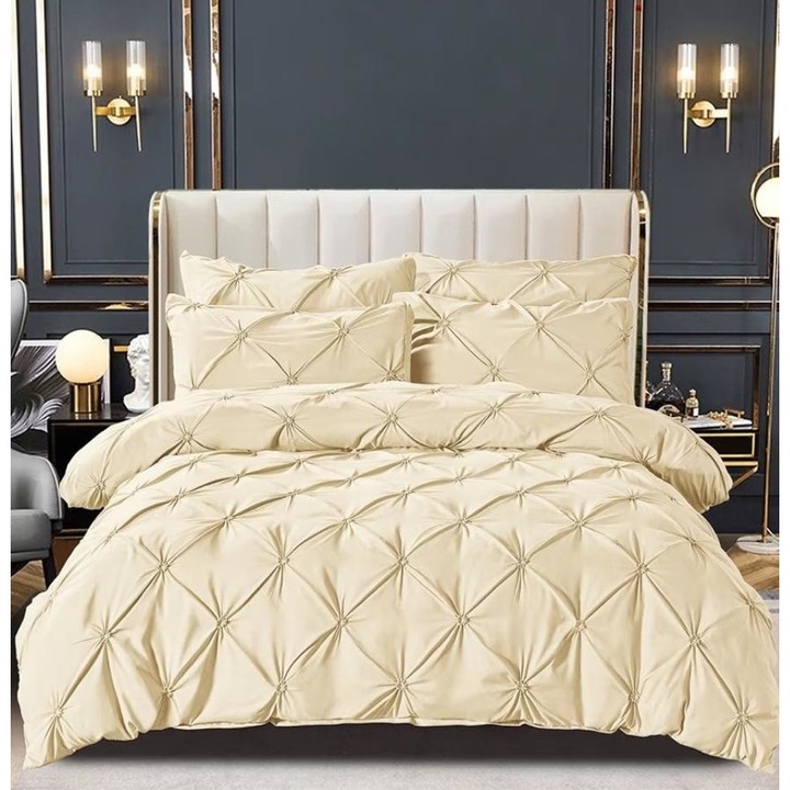 Lenjerie de pat, 2 Persoane, Uni cu pliuri, 6 Piese, Finet, Crem, 230 x 250 cm