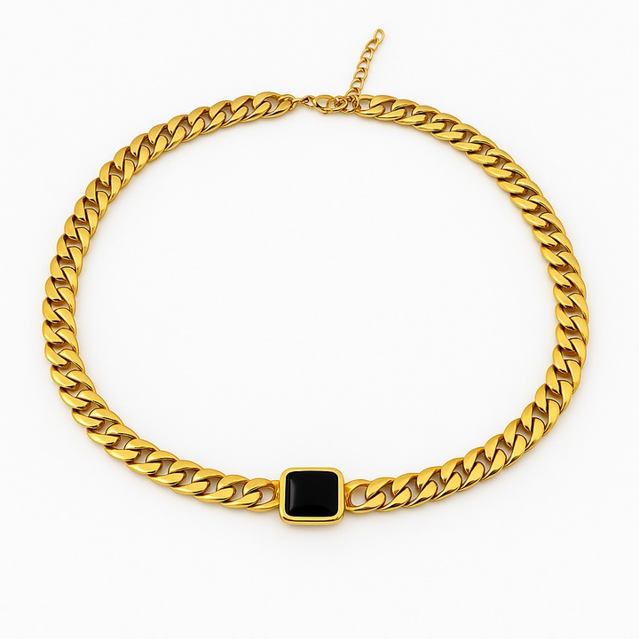 Colier Inkstone, inox placat cu aur 18k, cristal negru, lungime 39+5