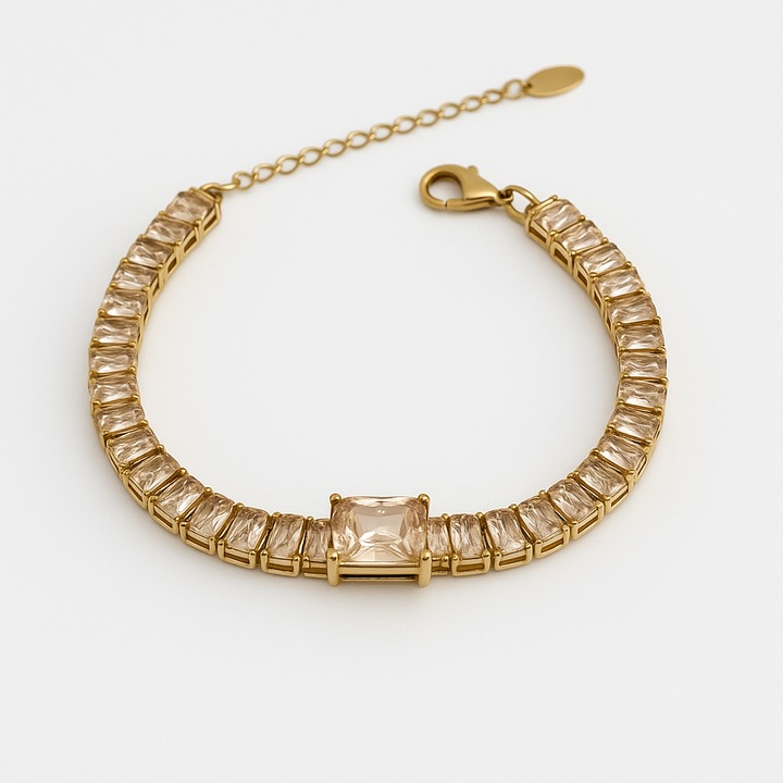 Bratara Dazzle, cristale, culoare sampanie, inox placat cu aur 18k, 15+5cm