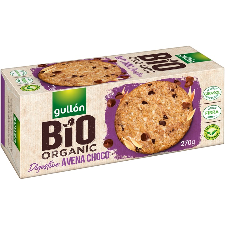 Biscuiti digestivi cu ovaz si chipsuri de ciocolata BIO, Gullon, 270g