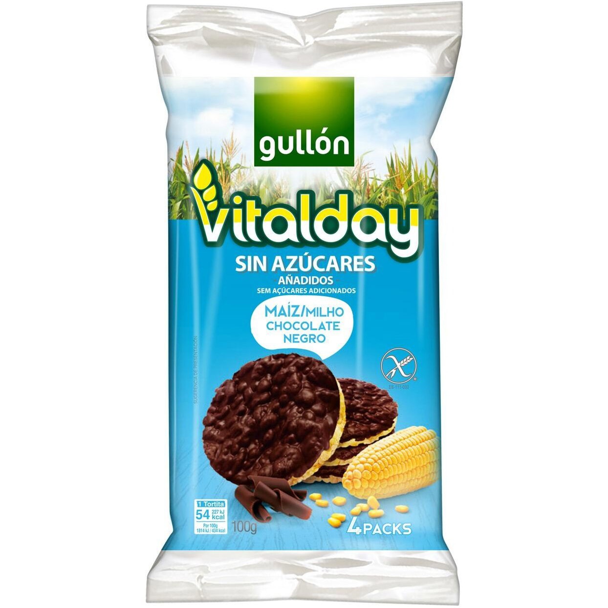 Porumb expandat vitalday fara zahar adaugat si fara gluten cu glazura de ciocolata neagra, Gullon, 100g, 4x25g