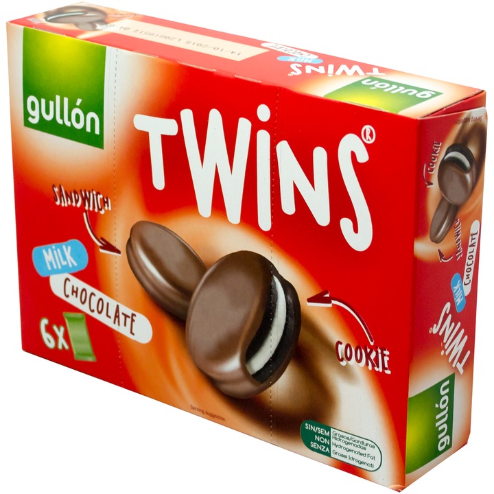 Biscuiti twins cu crema de cacao glazurati cu ciocolata cu lapte, Gullon, 252g