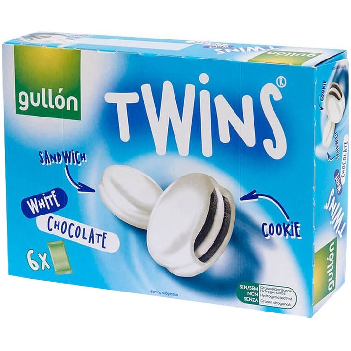 Biscuiti twins cu crema de cacao glazurati cu ciocolata alba, Gullon, 252g