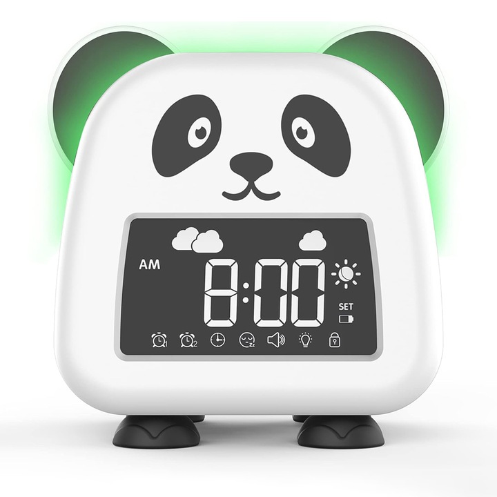 Ceas cu alarma digitala pentru copii, BOMSTOM, lumina de noapte, 8 melodii adormire, Sunete albe, 2 Moduri de alarma, 4 Nivele reglare luminozitate, Silicon Moale, Acumulator, Alb
