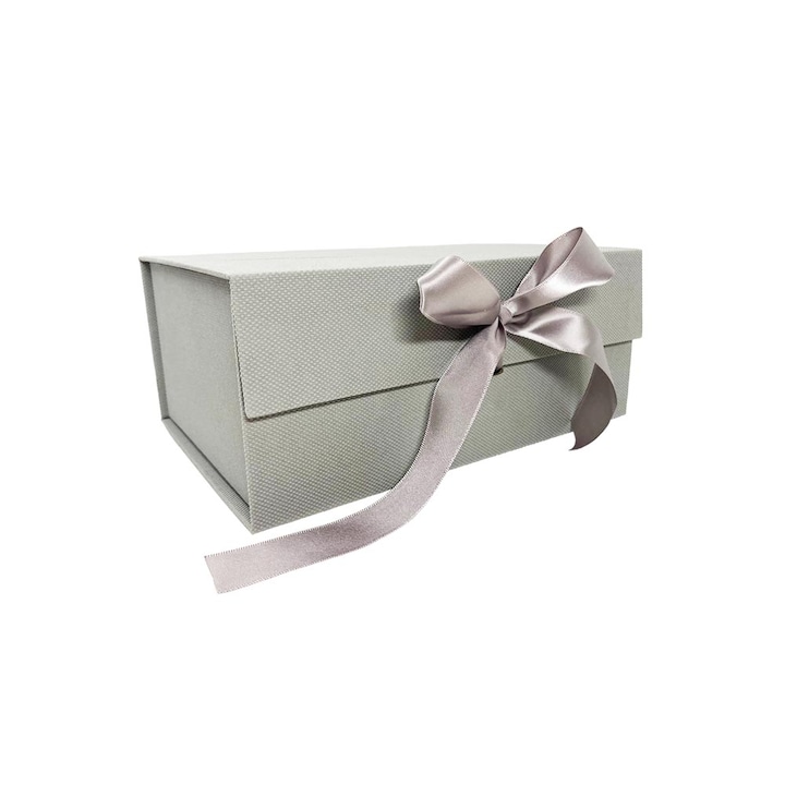 Луксозна подаръчна кутия със сатенена панделка, сгъваема, магнитно затваряне, 32x25x11.5 см, сива