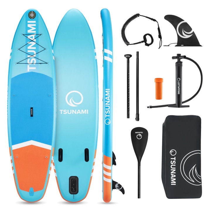 Set placa gonflabila Stand Up PaddleBoard TSUNAMI T02, vasla atasata pentru inot, 320*81*15 cm, 13,5kg, cu pompa, kit de reparatii, geanta de transport, Vasla, PVC, Albastru/Portocaliu