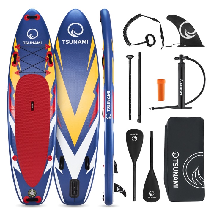 Placa SUP gonflabila, TSUNAMI, 320 × 81 × 15 cm, greutate 14,5 kg, 3 derive, vasla ajustabila 162–215 cm, rucsac, pompa, capacitate 160 kg, Dropstitch, ideala pentru lacuri, rauri, sporturi nautice, siguranta, stabilitate, albastru/rosu/galben/alb