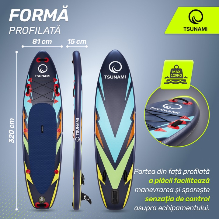 Set placa gonflabila Stand Up PaddleBoard TSUNAMI T08, vasla atasata pentru inot, 320*81*14.5 cm, 14,5kg, cu pompa, kit de reparatii, geanta de transport, Vasla, PVC, Livrare gratuita, Verde/Galben/Albastru