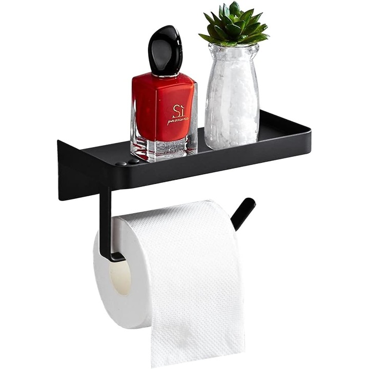 WC-papír tartó tárolópolccal telefonnak vagy tartozékoknak, öntapadós vagy csavarozható rögzítés, rozsdamentes acél, fekete