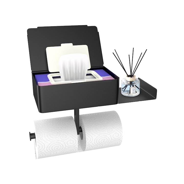 Dupla WC-papír tartó, polccal és tárolódobozzal telefonnak vagy tartozékoknak, öntapadós vagy csavarozható szerelés, rozsdamentes acél, matt fekete