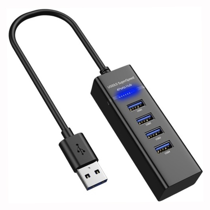 USB 3.0 хъб, 4 USB изхода, LED, черен