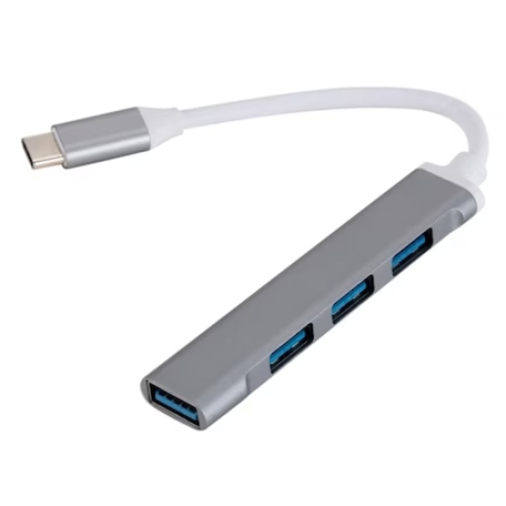 USB HUB, USB Type-C към 4 x USB 3.0, Алуминиев, Компактен, Лек, OTG, Сребрист, Съвместим с Macbook, Plug&Play
