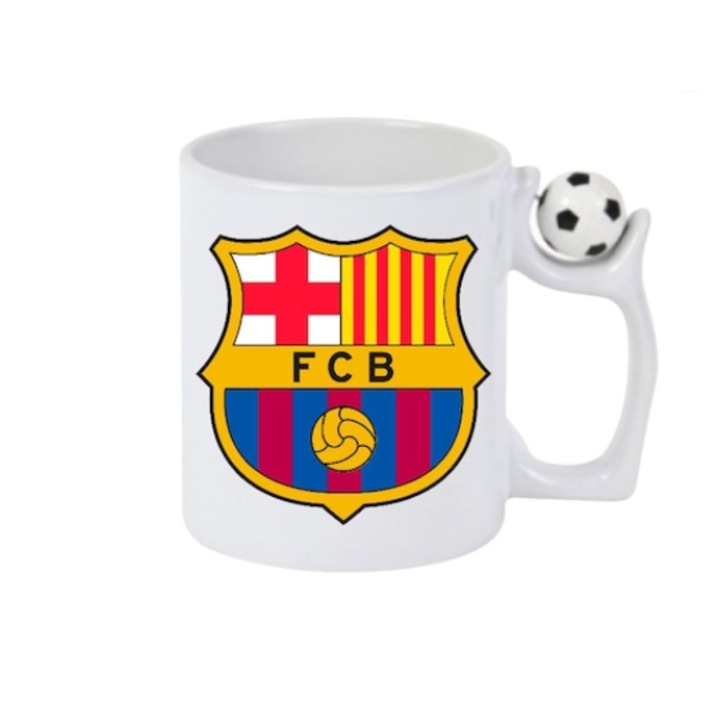 Cana ceramica cu maner fotbal antistres alba Barcelona, CadoulTauPreferat, 350 ml