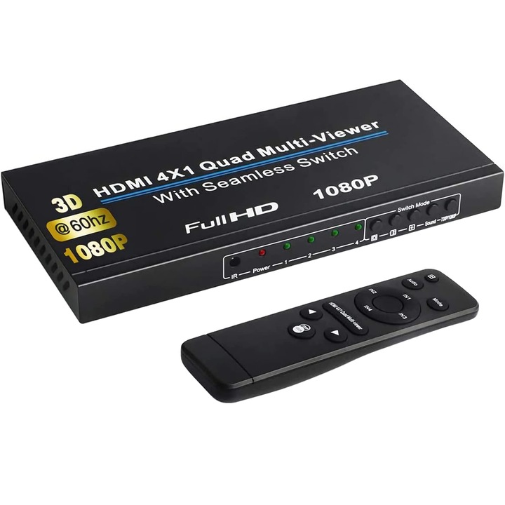 HDMI Switch, Quad Multi-Viewer, 1080P, @60hz, TopGearWorld®, HDCP 1.4, 4 in 1 out, Cu telecomanda