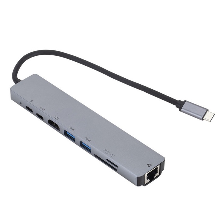 Хъб адаптер Multiport 8 в 1 Type-C към HDMI 4K / LAN RJ45 Ethernet / Type C порт / USB 3.0 / Power Delivery Port 87W / TF и SD четец на карти, докинг станция за лаптоп, MacBook Air/Pro, Chromebook, таблет, AEWOYAD , Грей