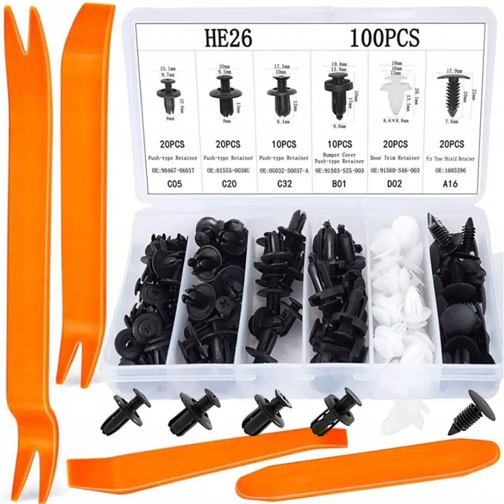 100 db-os autókapcsos készlet, Zola®, 6 féle, műanyag edények, univerzális, fekete-fehér