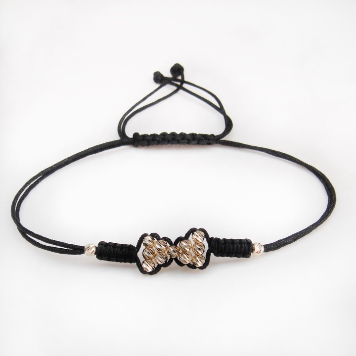 Bratara snur negru reglabil si bile aur 14k 2.5 mm