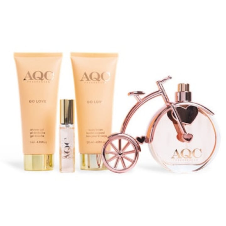 Set AQC pentru femei cu 4 produse: Gel de dus, 120 ml + Lotiune de corp, 120 ml + Apa de parfum, 100 ml + Apa de parfum+15 ml