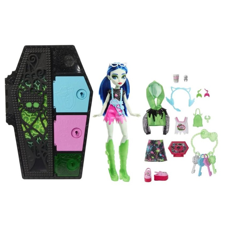 Кукла Mattel, Monster High, Skulltimate Secrets Neon Frights Series 3 Ghoulia Yelps подвижни стави, зелена, 30 cm