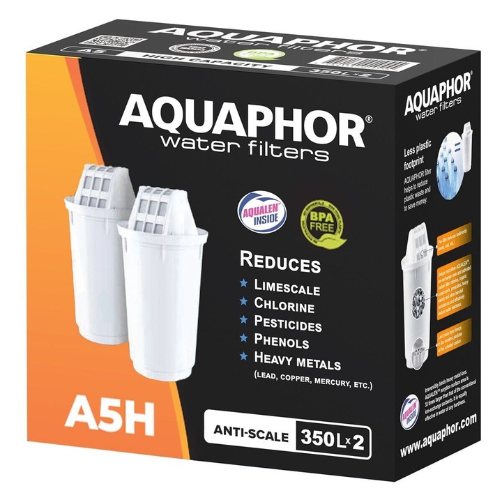 Филтър Aquaphor A5H за твърда вода, Изключителна защита от варовик, 350л, 2 броя