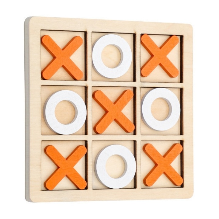 Joc educativ din lemn QttvbTna, X si 0, recomandat peste 5 ani, alb cu portocaliu, 14x14 cm