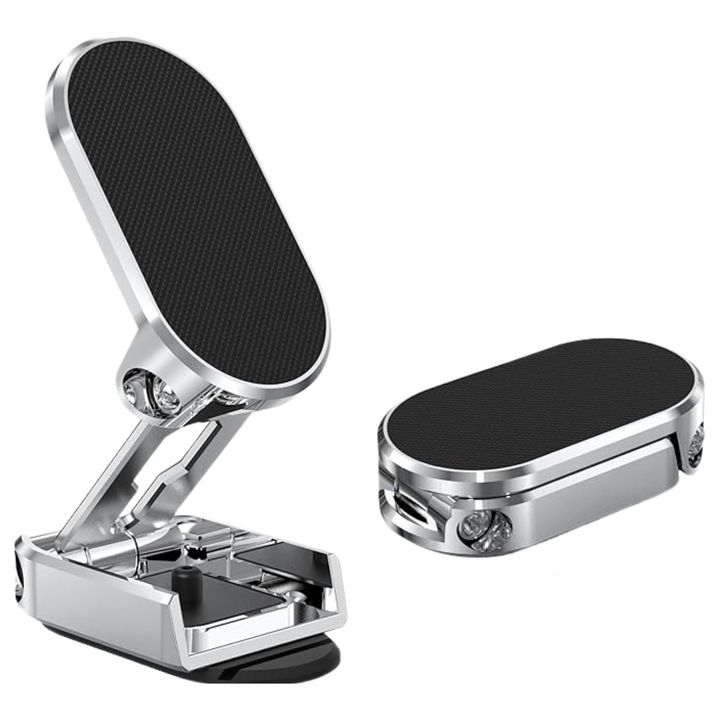 Suport auto magnetic pentru telefon cu lipire pe bord, compatibil cu toate telefoanele, pentru suprafete plane si curbate, Magnetic Fold Comari®, ajustabil orice directie, rotatie 720 grade, Gri