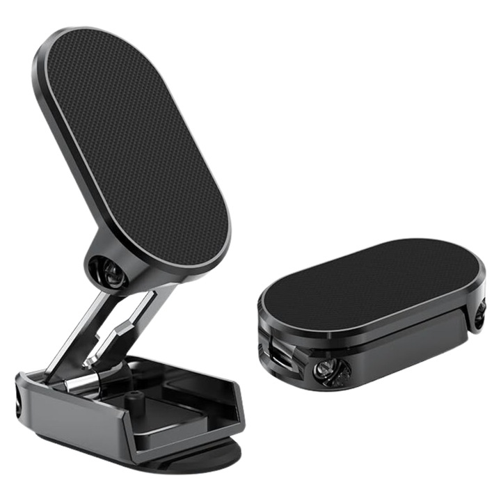 Suport auto magnetic pentru telefon cu lipire pe bord, compatibil cu toate telefoanele, pentru suprafete plane si curbate, Magnetic Fold Comari®, ajustabil orice directie, rotatie 720 grade, Negru