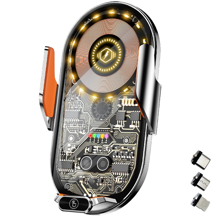 Държач за телефон за безжично зареждане, Съвместим с обикновени мобилни телефони, С околна светлина, Автоматична индукционна индукция, HouDeOS®, Жълто и черно