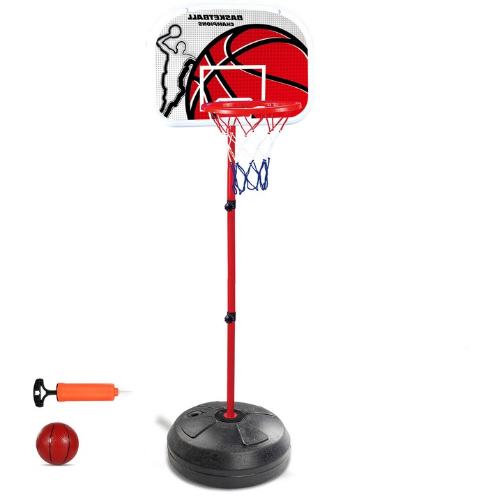 Детски баскетболен кош с основа KidProtect®, включва топка, метален ринг за вътрешна или външна употреба, 4 регулируеми височини, до максимум 206 см, стабилна основа, която може да се пълни с пясък или вода