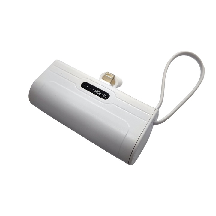 Mini Powerbank Extern, 5000 mAh, Mufa Lightning si Cablu USB-C, Alb