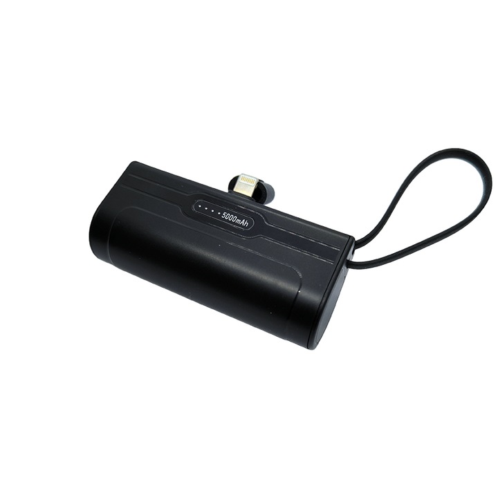 Mini Powerbank Extern, 5000 mAh, Mufa Lightning si Cablu USB-C, Negru
