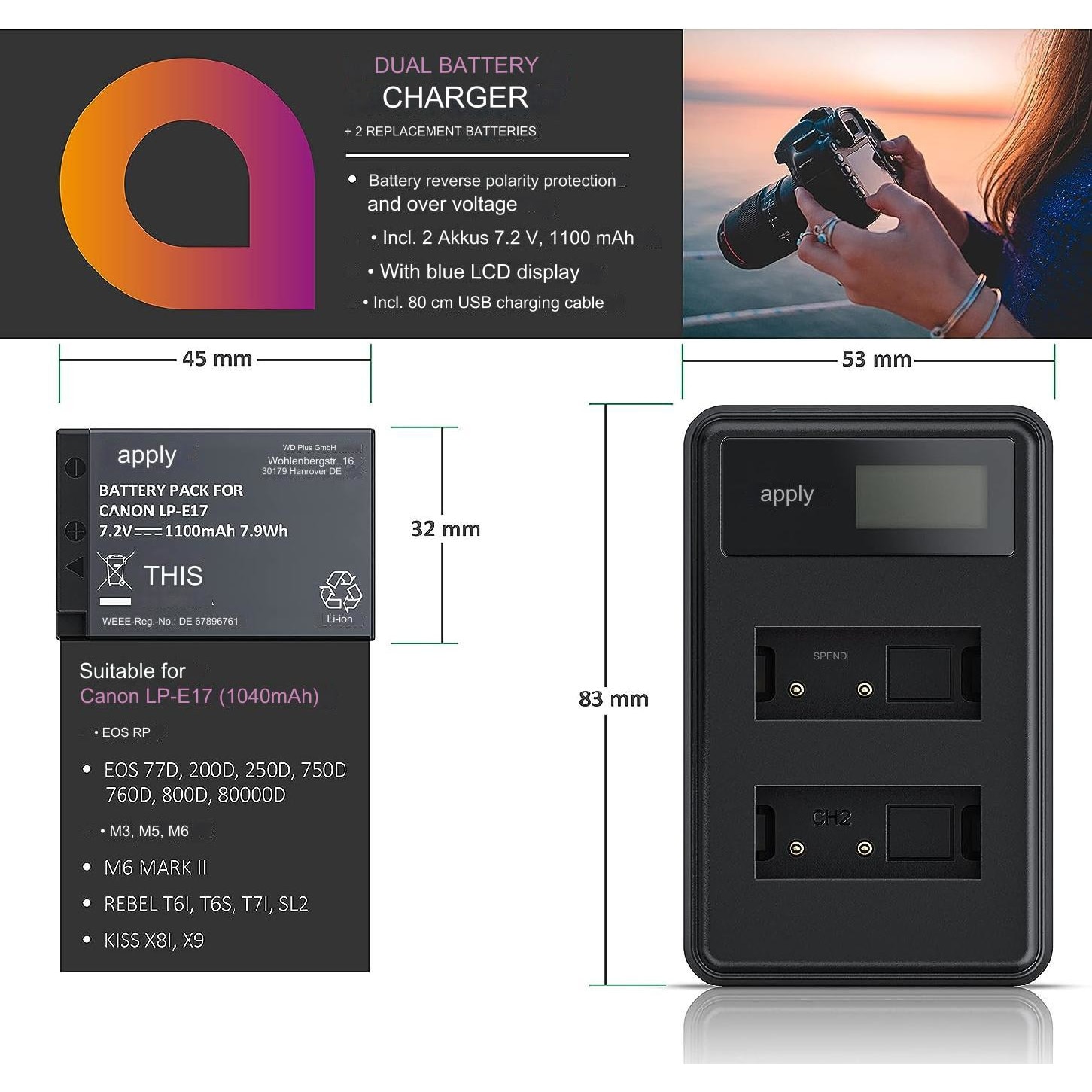 2 Batterie LP-E17 1800mAh + Caricatore USB Per Canon EOS RP, Rebel SL2/3, M3/M5/M6, Ecc. - Foto 3